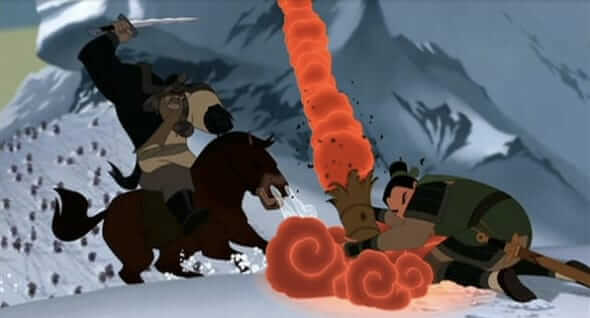 Mulan wins a decisive victory by firing a rocket, which causes an avalanche.