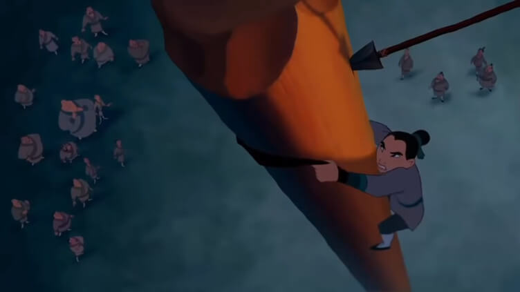 The turning point in Mulan’s training occurs when she succeeds in climbing a pole to reach an arrow.